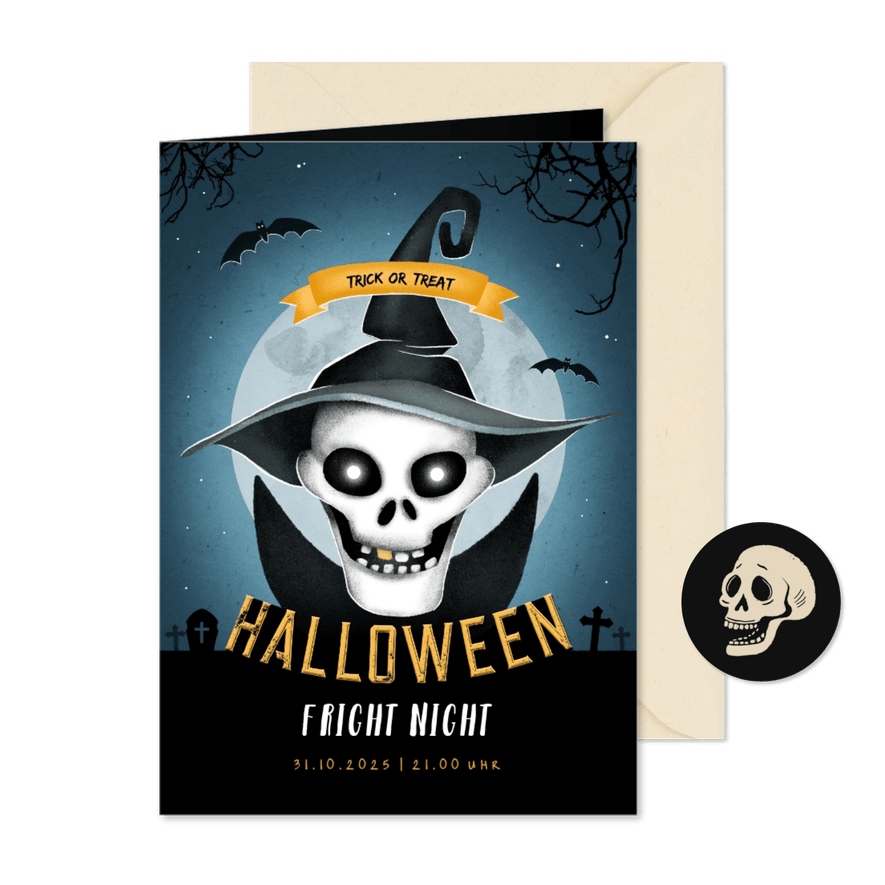 Einladung zum Halloween-Fest Totenkopf mit Hut - Karteneindruck