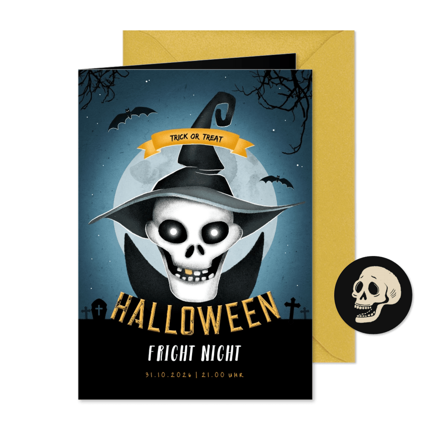 Einladung zum Halloween-Fest Totenkopf mit Hut - Kartenvorschau