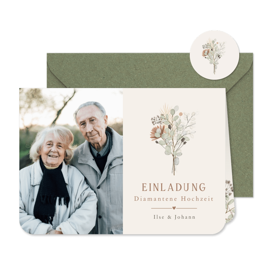 Einladung zum Hochzeitsjubiläum Blumenstrauß & Foto - Karteneindruck
