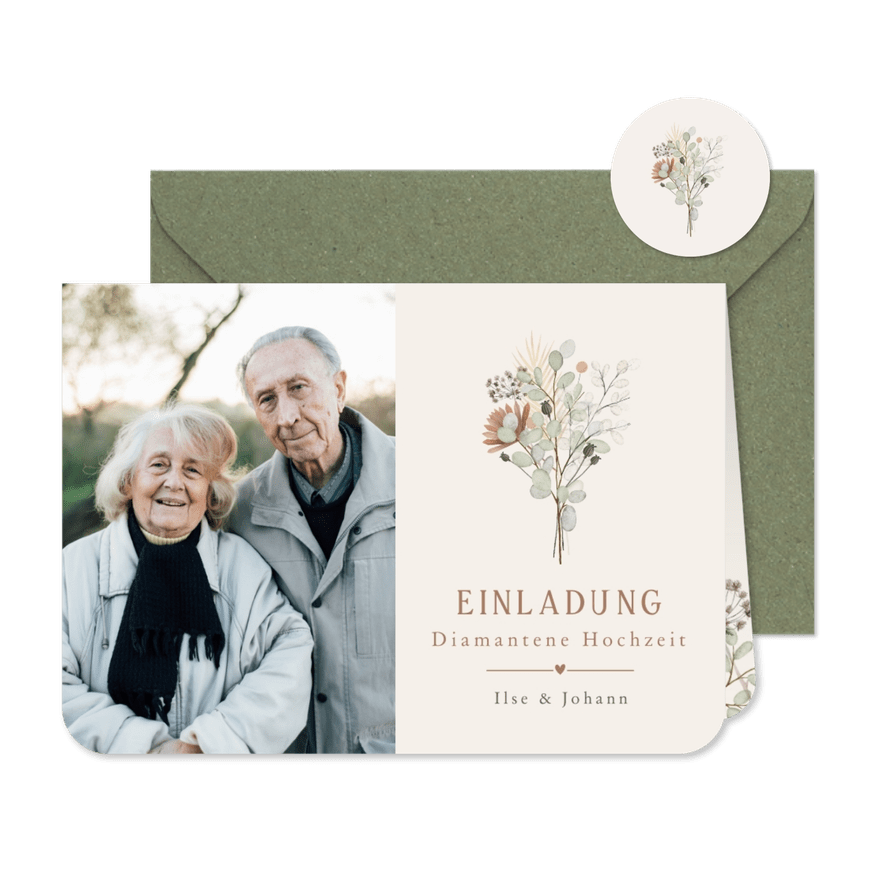 Einladung zum Hochzeitsjubiläum Blumenstrauß & Foto - Karteneindruck