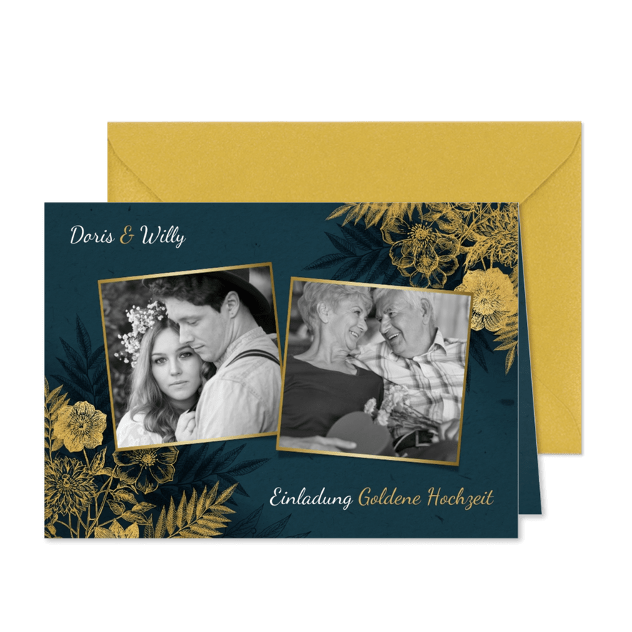 Einladung zum Hochzeitsjubiläum goldene Blumen - Karteneindruck

