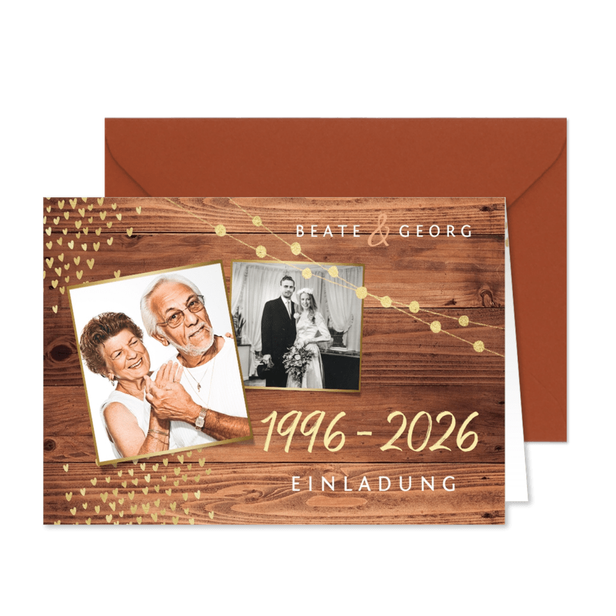 Einladung zum Hochzeitsjubiläum Holz mit Fotos - Karteneindruck
