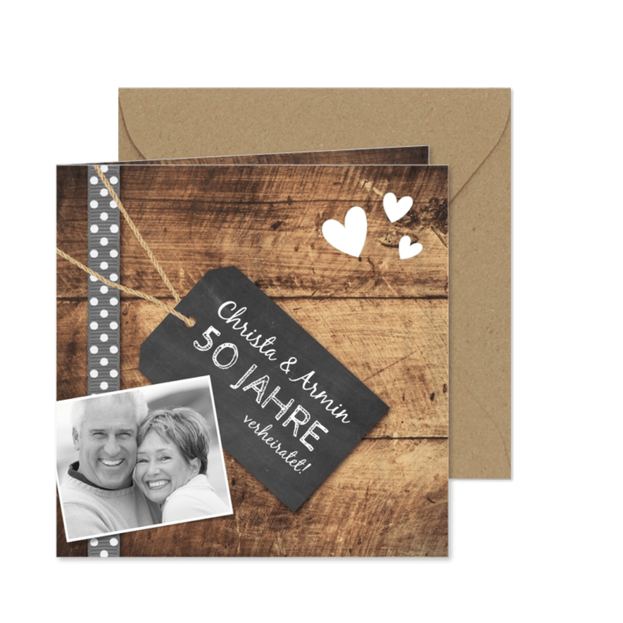 Einladung zum Hochzeitsjubiläum Holzlook & Fotocollage  - Karteneindruck
