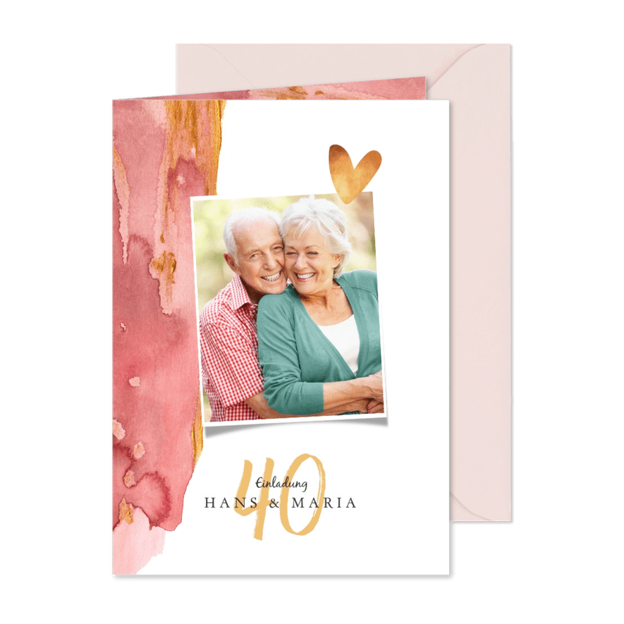 Einladung zum Hochzeitsjubiläum rosa Wasserfarbe, Foto, Herz - Karteneindruck
