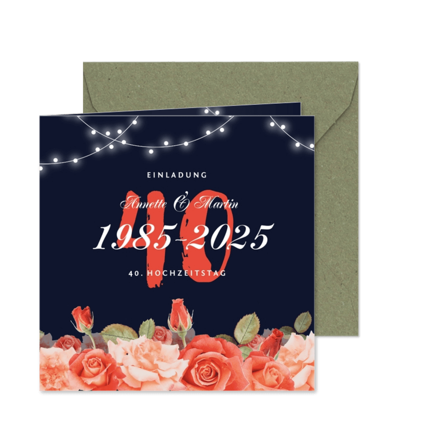 Einladung zum Hochzeitsjubiläum Rosen & Lichterkette - Karteneindruck
