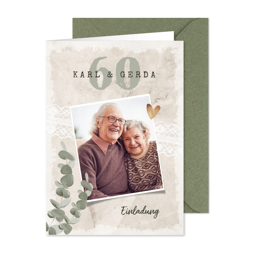 Einladung zum Hochzeitstag Foto, Eukalyptus und Spitze - Kartenvorschau