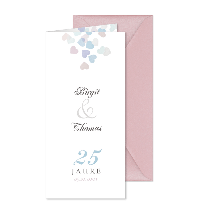 Einladung zum Hochzeitstag mit Herzchen-Konfetti - Karteneindruck
