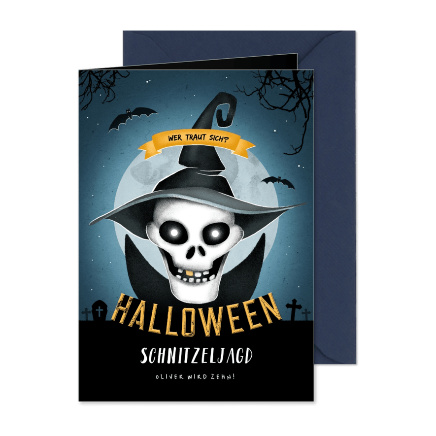 Einladung zum Kinder-Halloween-Fest Totenkopf mit Hut - Karteneindruck
