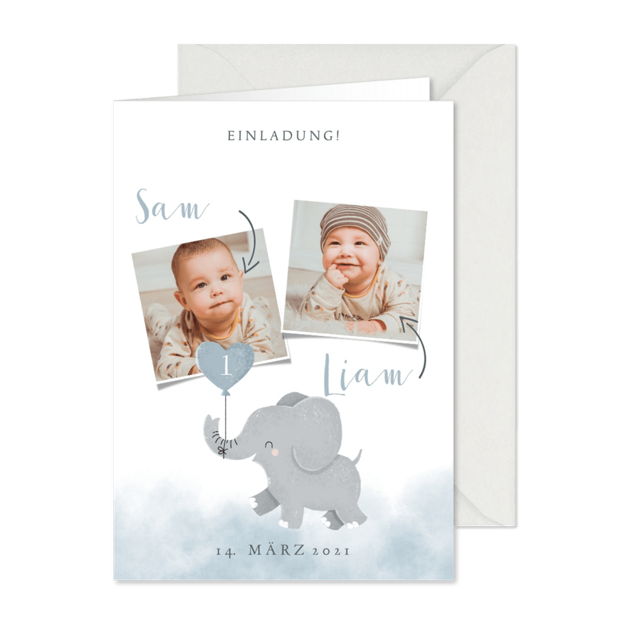 Einladung zum Kindergeburtstag Aquarellblau für Zwillinge - Karteneindruck