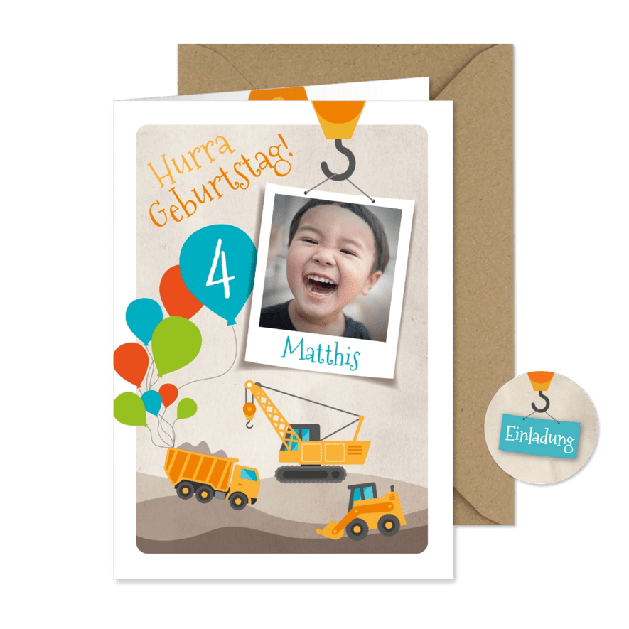 Einladung zum Kindergeburtstag Baustelle 4 Jahre - Karteneindruck