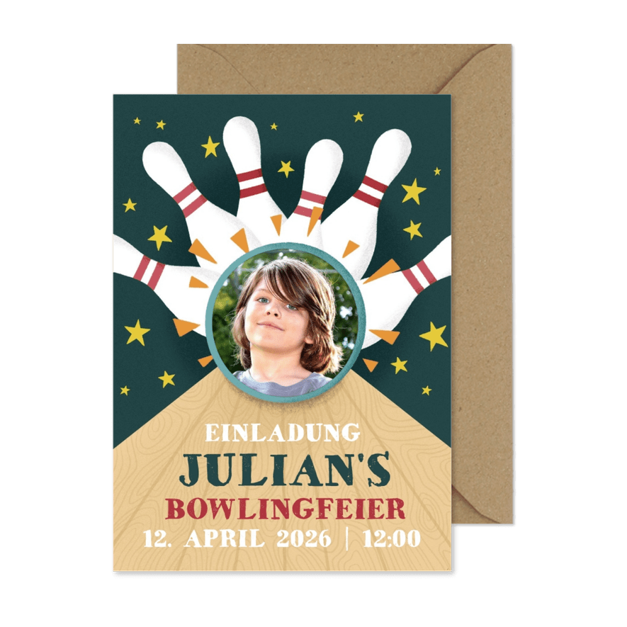 Einladung zum Kindergeburtstag Bowlingbahn mit Foto - Karteneindruck
