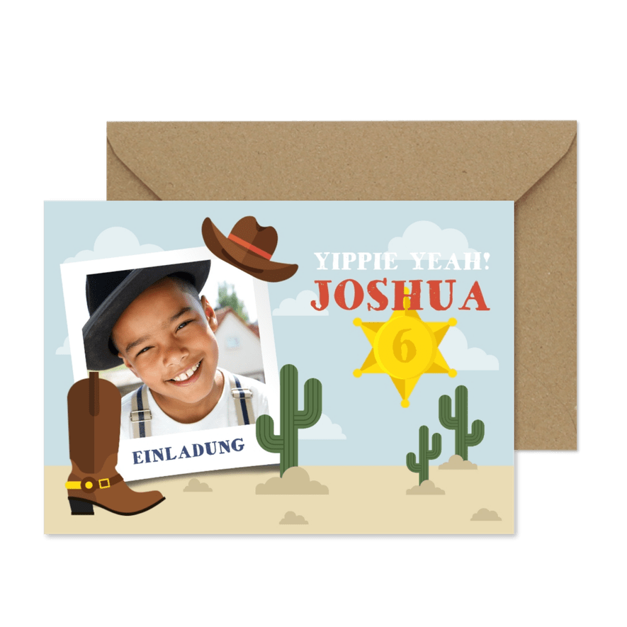 Einladung zum Kindergeburtstag Cowboy mit Foto - Karteneindruck
