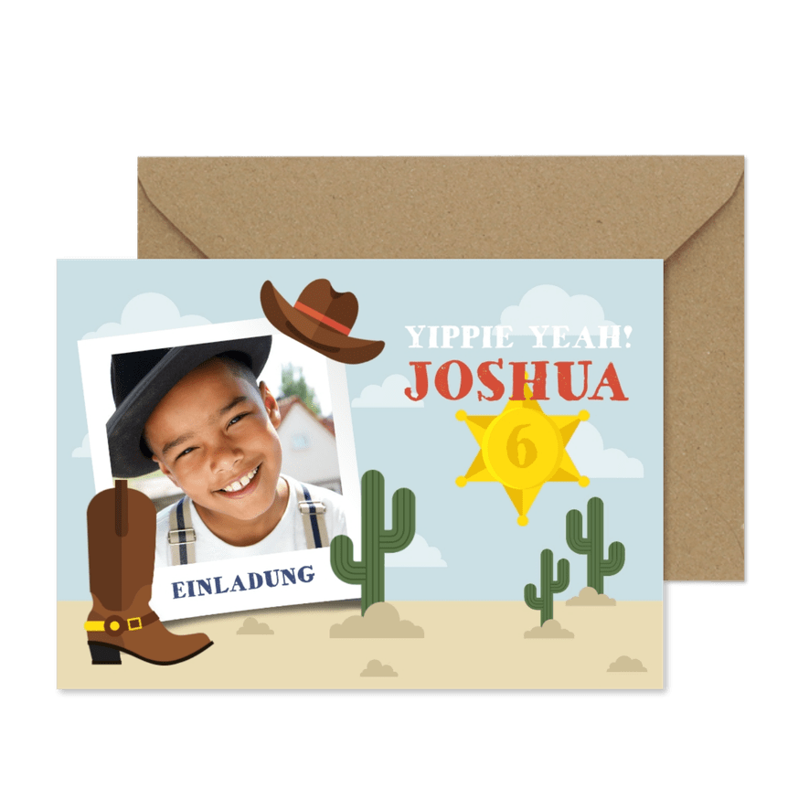 Einladung zum Kindergeburtstag Cowboy mit Foto - Karteneindruck