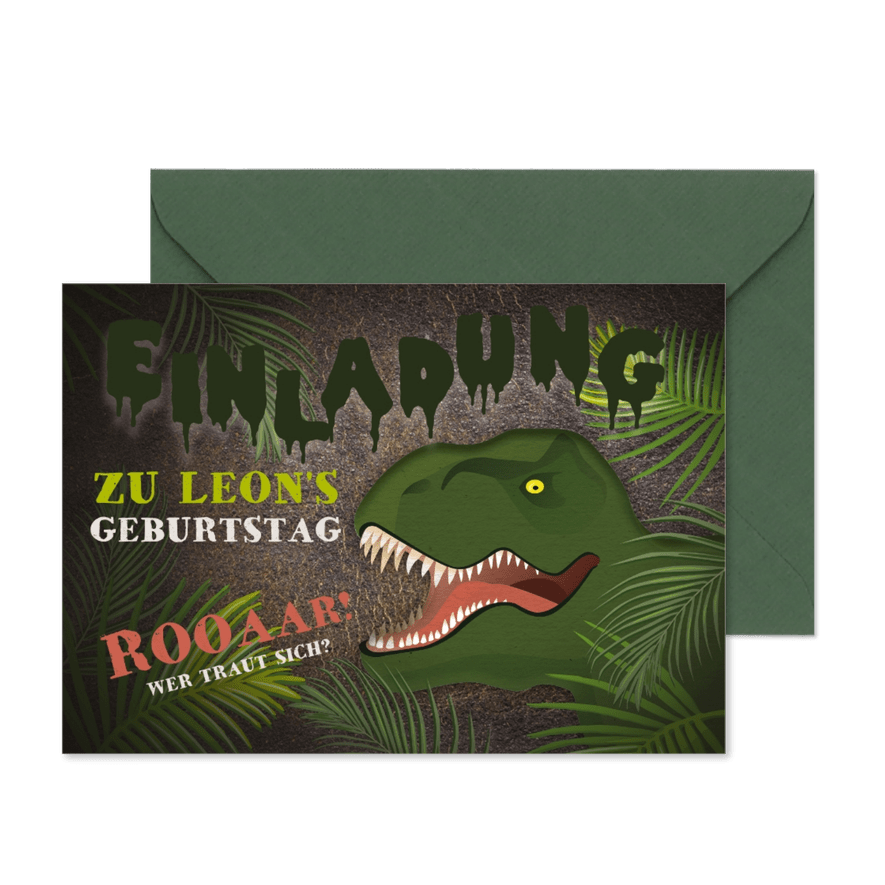 Einladung zum Kindergeburtstag Dschungeldino - Karteneindruck
