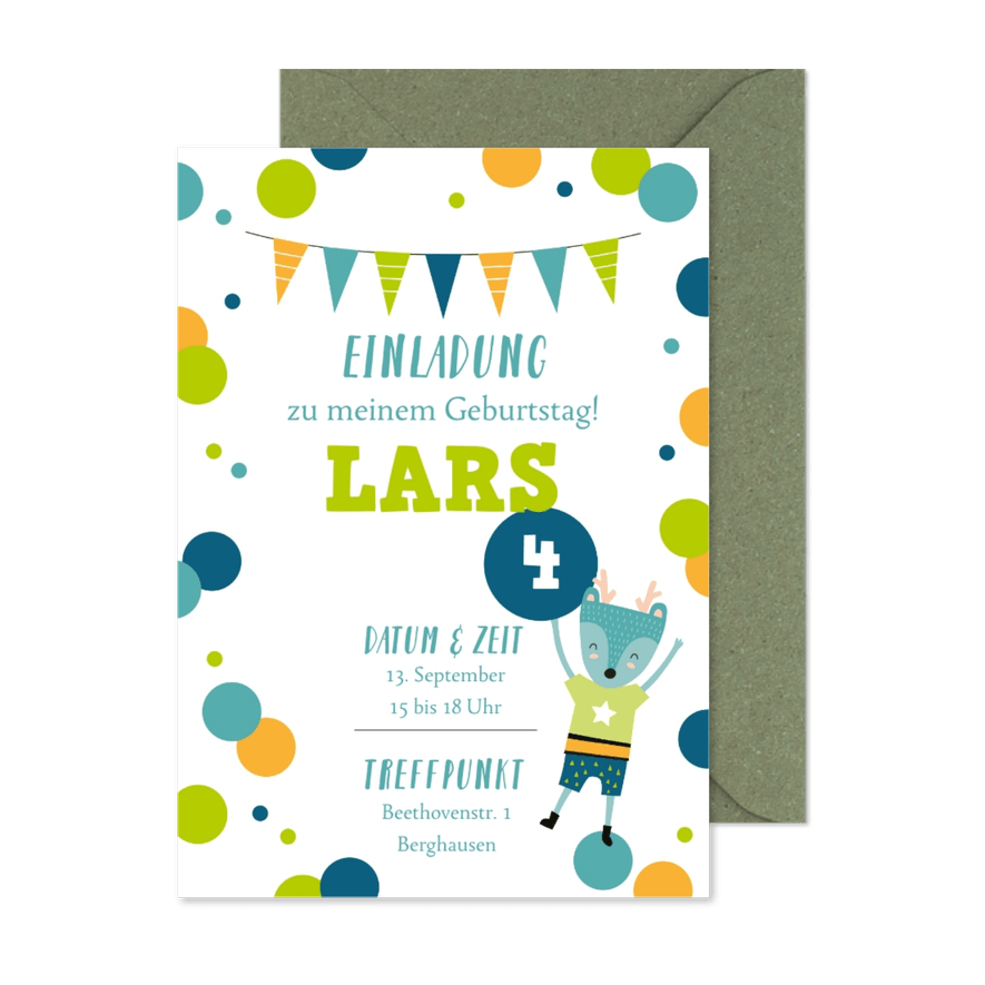 Einladung zum Kindergeburtstag grüne Konfetti 4 Jahre - Karteneindruck
