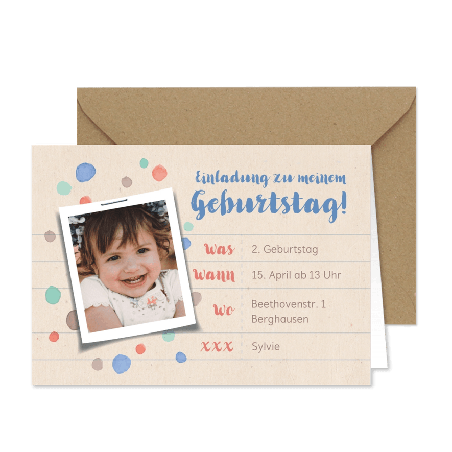 Einladung zum Kindergeburtstag mit Punkten und Foto - Karteneindruck