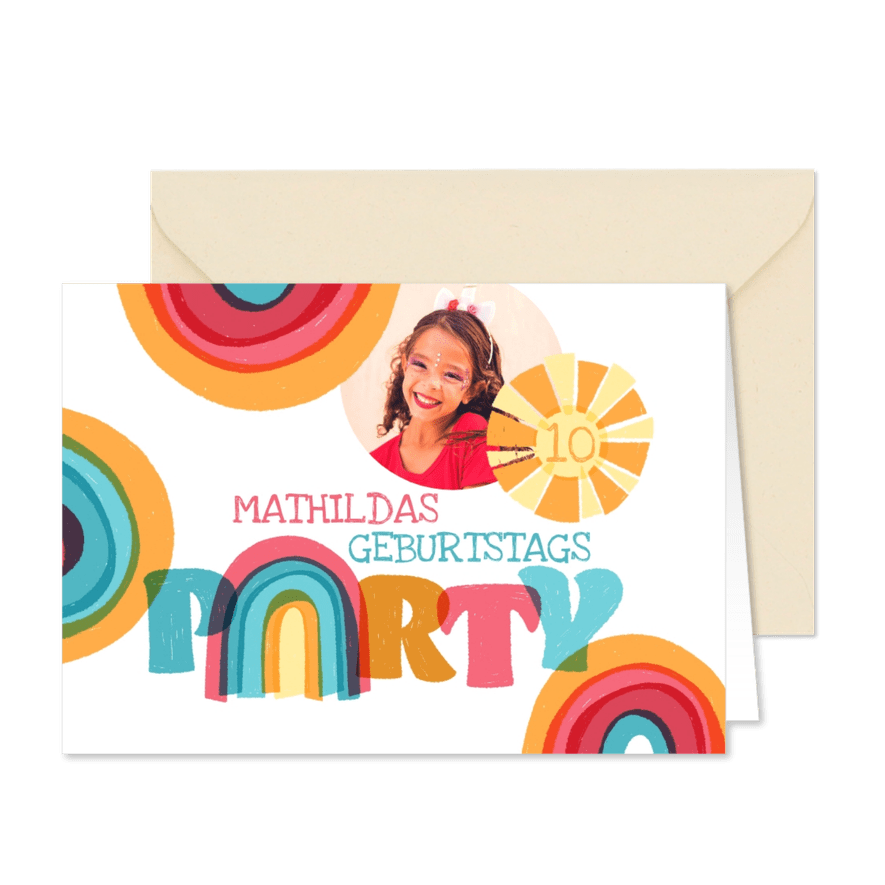 Einladung zum Kindergeburtstag mit Regenbogen - Karteneindruck