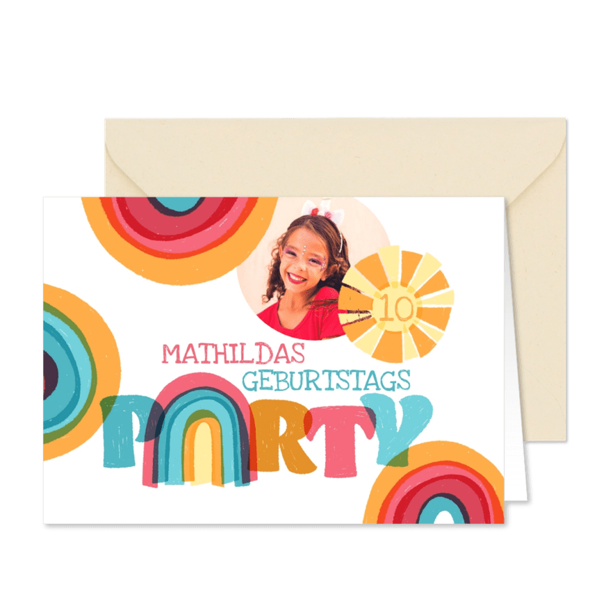 Einladung zum Kindergeburtstag mit Regenbogen - Karteneindruck
