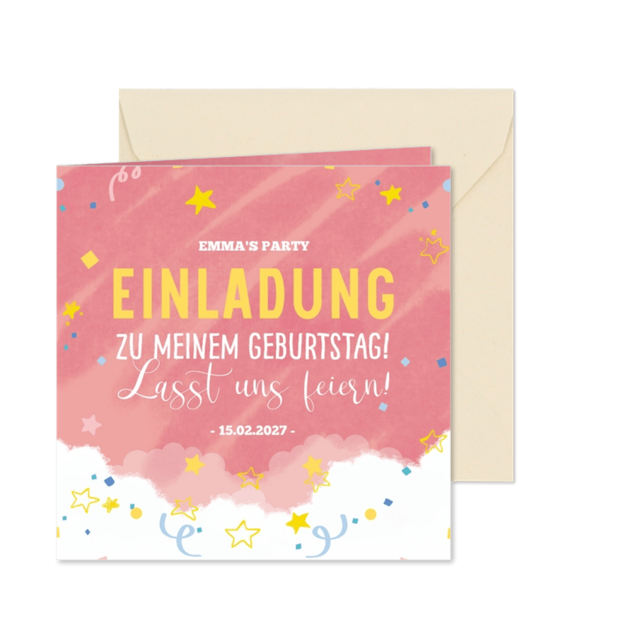 Einladung zum Kindergeburtstag mit Sternchen und Wölkchen - Karteneindruck
