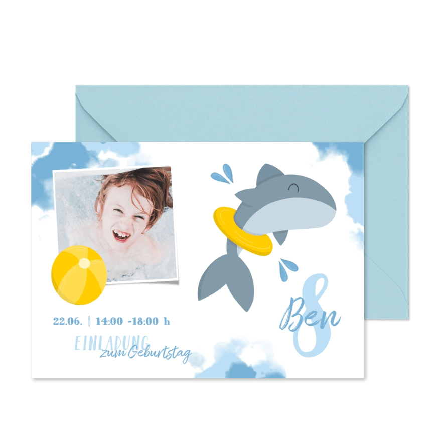 Einladung zum Kindergeburtstag Schwimmen Hai 8 Jahre - Karteneindruck