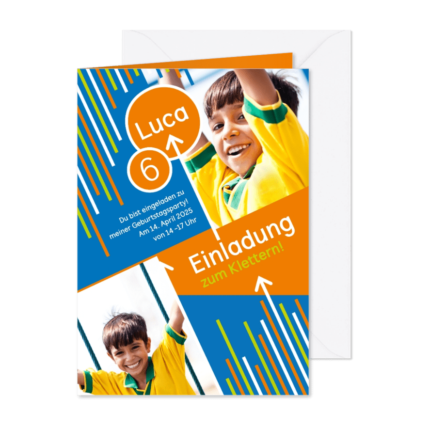 Einladung zum Klettern blau-orange mit Fotos - Karteneindruck
