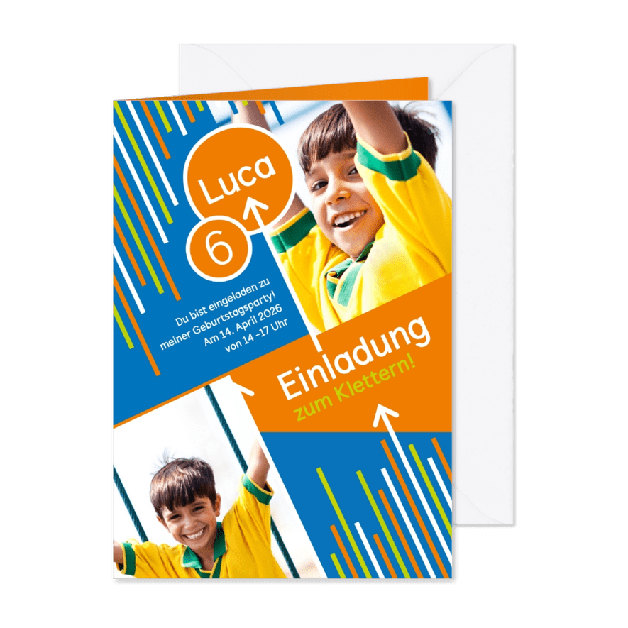 Einladung zum Klettern blau-orange mit Fotos - Karteneindruck
