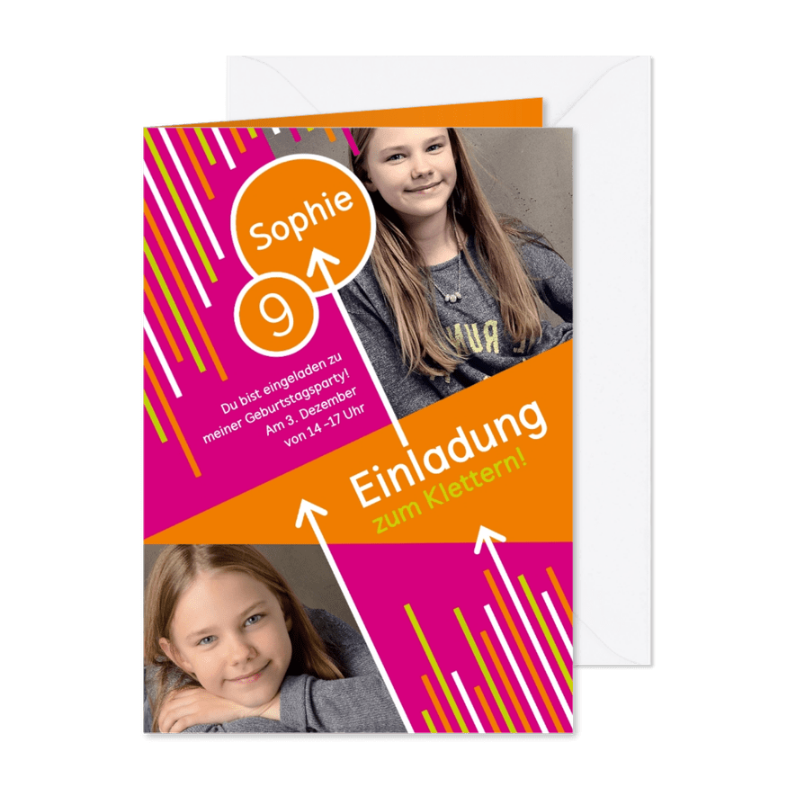 Einladung zum Klettern pink-orange mit Fotos - Karteneindruck
