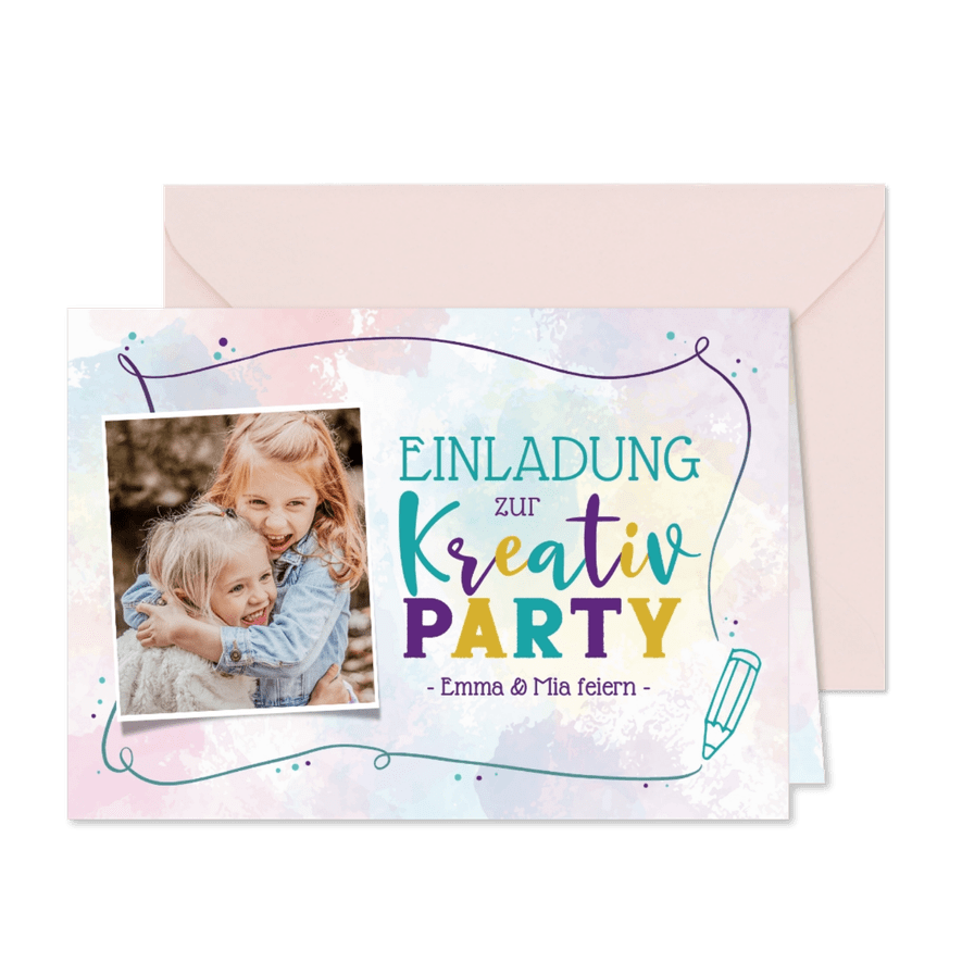 Einladung zum kreativen Kindergeburtstag mit Buntstift - Karteneindruck