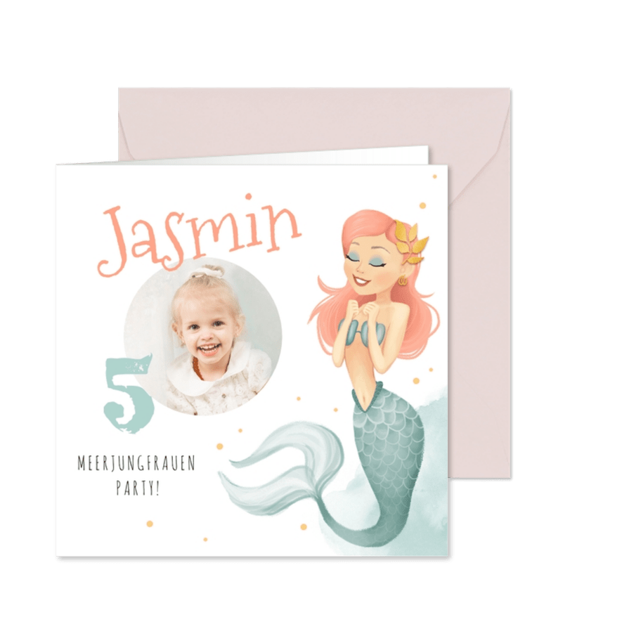 Einladung zum Meerjungfrauen Geburtstag Wasserfarbe mit Foto - Karteneindruck
