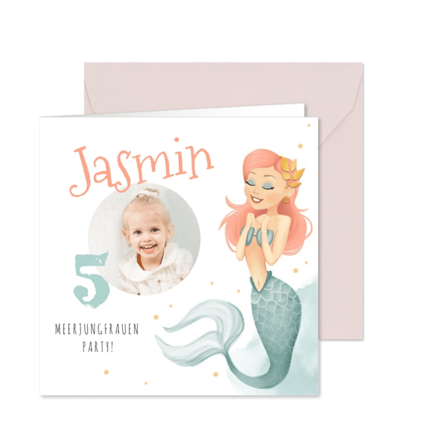 Einladung zum Meerjungfrauen Geburtstag Wasserfarbe mit Foto - Karteneindruck
