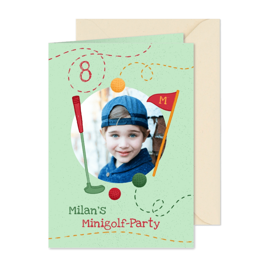 Einladung zum Minigolf 8. Kindergeburtstag mit Foto - Karteneindruck
