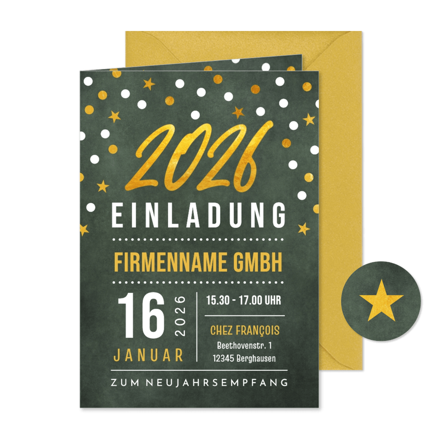 Einladung zum Neujahrsempfang 2026 Goldoptik - Karteneindruck