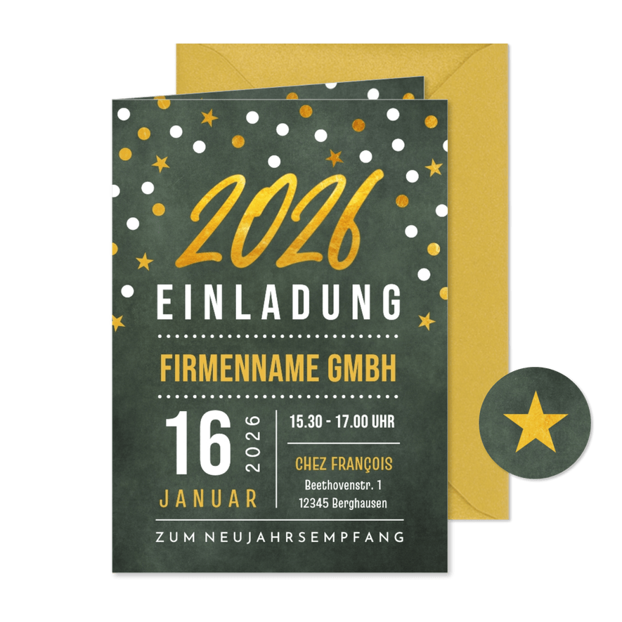 Einladung zum Neujahrsempfang 2026 Goldoptik - Karteneindruck
