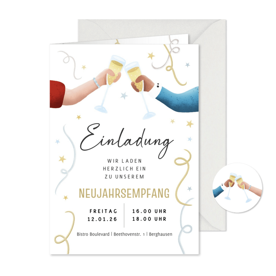 Einladung zum Neujahrsempfang Hände mit Sektglas - Karteneindruck