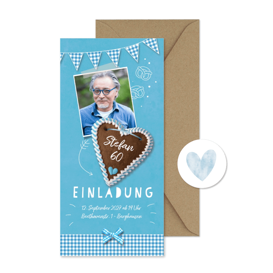 Einladung zum Oktoberfest blau Foto und Lebkuchenherz - Karteneindruck