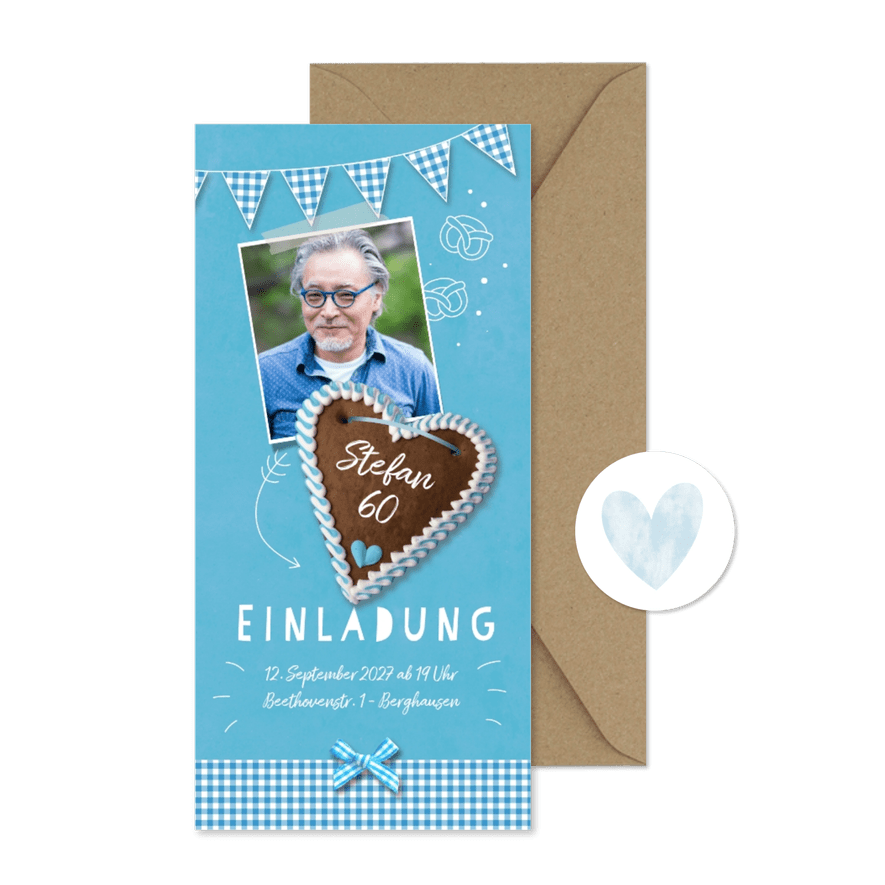 Einladung zum Oktoberfest blau Foto und Lebkuchenherz - Karteneindruck