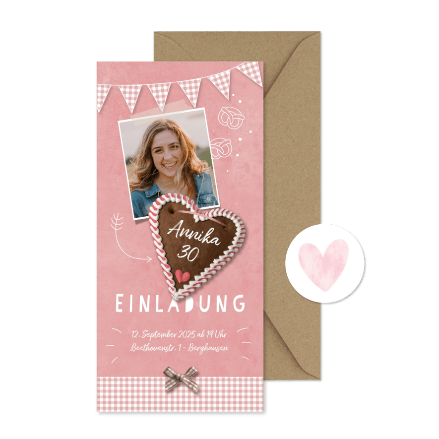 Einladung zum Oktoberfest Foto und Lebkuchenherz - Karteneindruck
