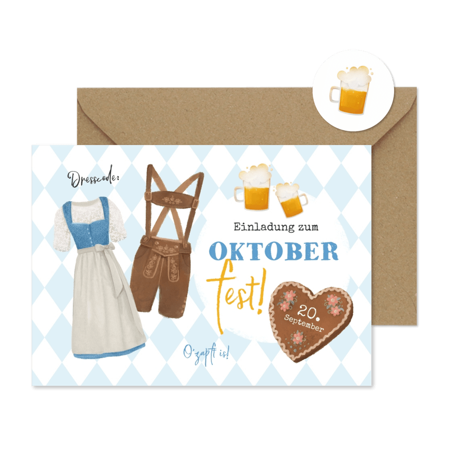 Einladung zum Oktoberfest mit Dirndl & Lederhose - Karteneindruck
