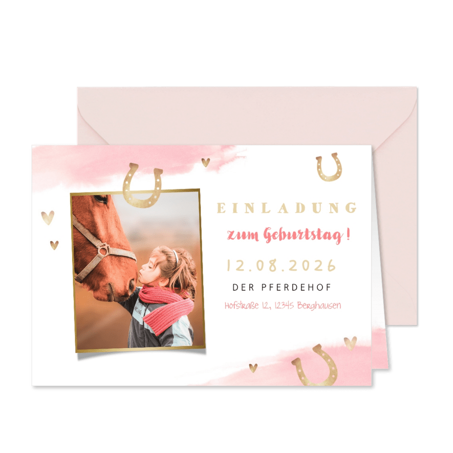 Einladung zum Pferdegeburtstag mit Foto und Hufeisen - Karteneindruck
