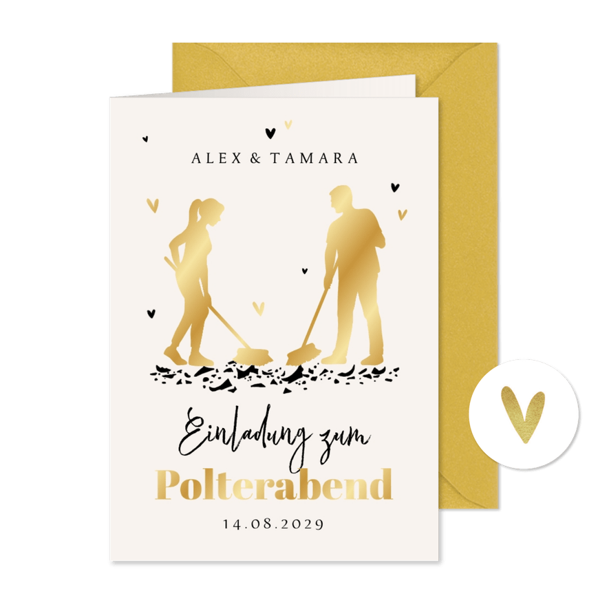 Einladung zum Polterabend goldenes Paar mit Besen - Karteneindruck
