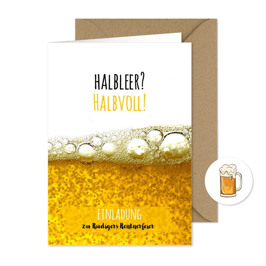 Einladung zum Rentnerfeier Glas halbvoll - Karteneindruck
