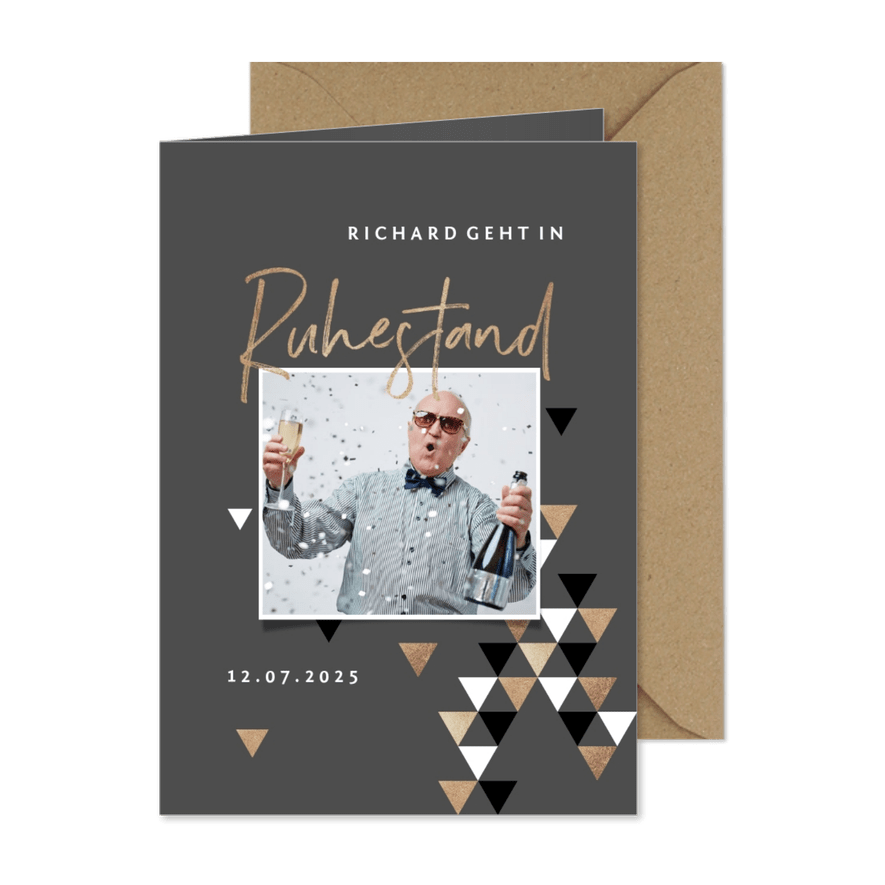 Einladung zum Ruhestand braun mit Foto - Karteneindruck

