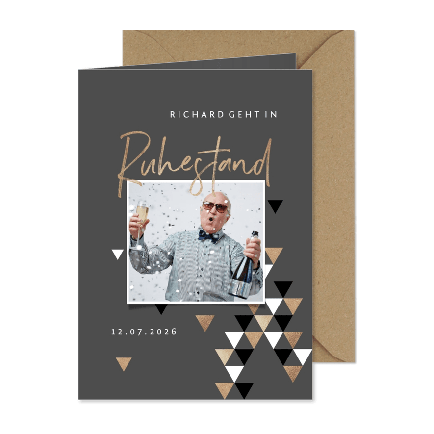 Einladung zum Ruhestand braun mit Foto - Karteneindruck
