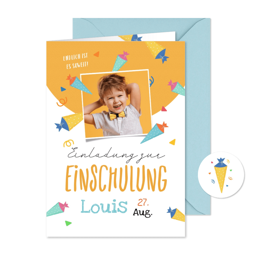 Einladung zum Schulanfang Foto und Schultüten - Karteneindruck
