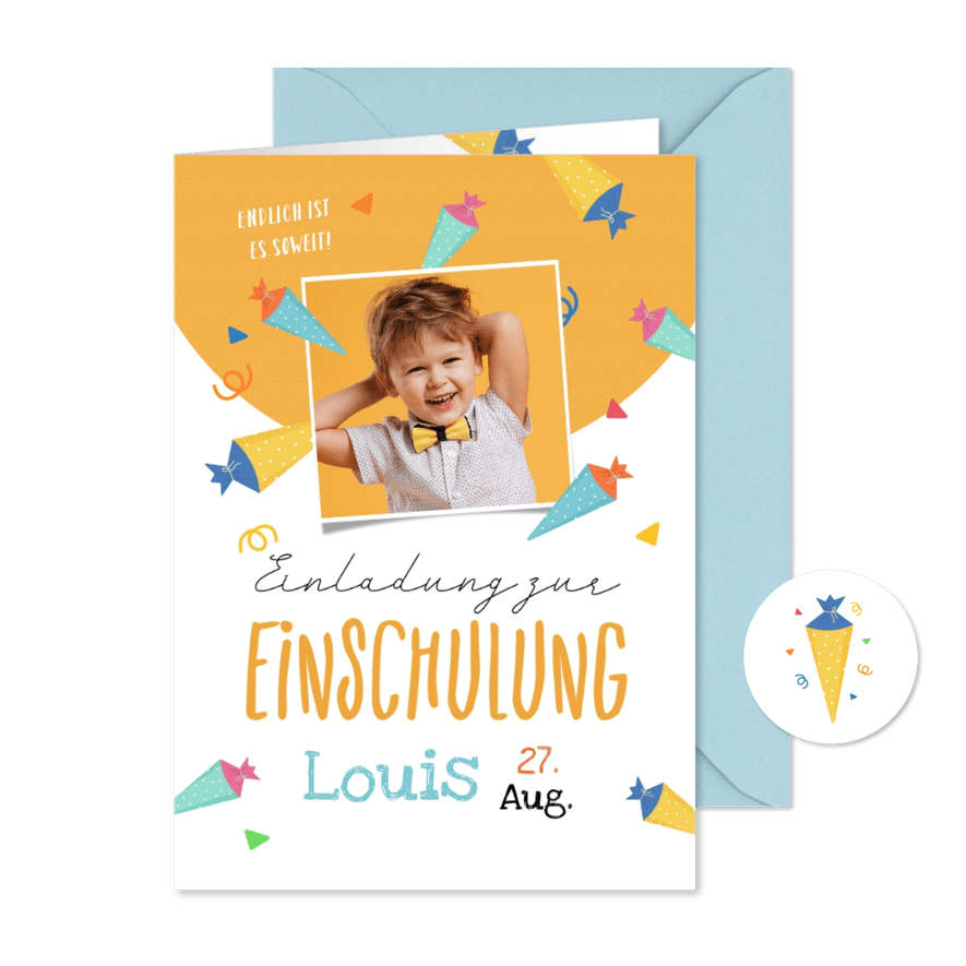 Einladung zum Schulanfang Foto und Schultüten - Karteneindruck