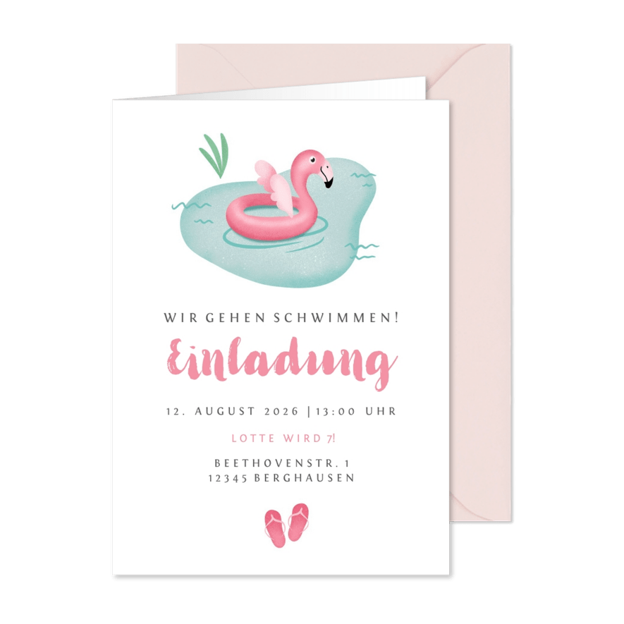 Einladung zum Schwimm-Kindergeburtstag Flamingo 7 Jahre - Kartenvorschau
