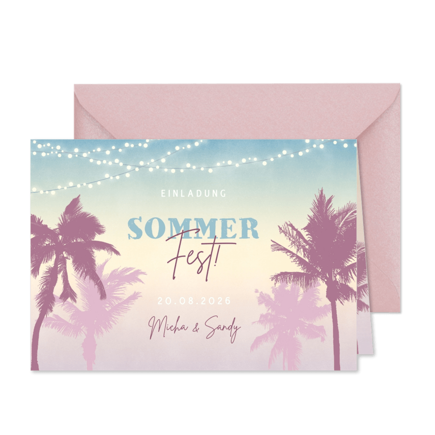 Einladung zum Sommerfest Palmen & Lichterkette - Karteneindruck