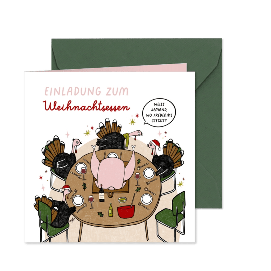 Einladung zum Weihnachtsessen Cartoon Puten-Dinner - Karteneindruck
