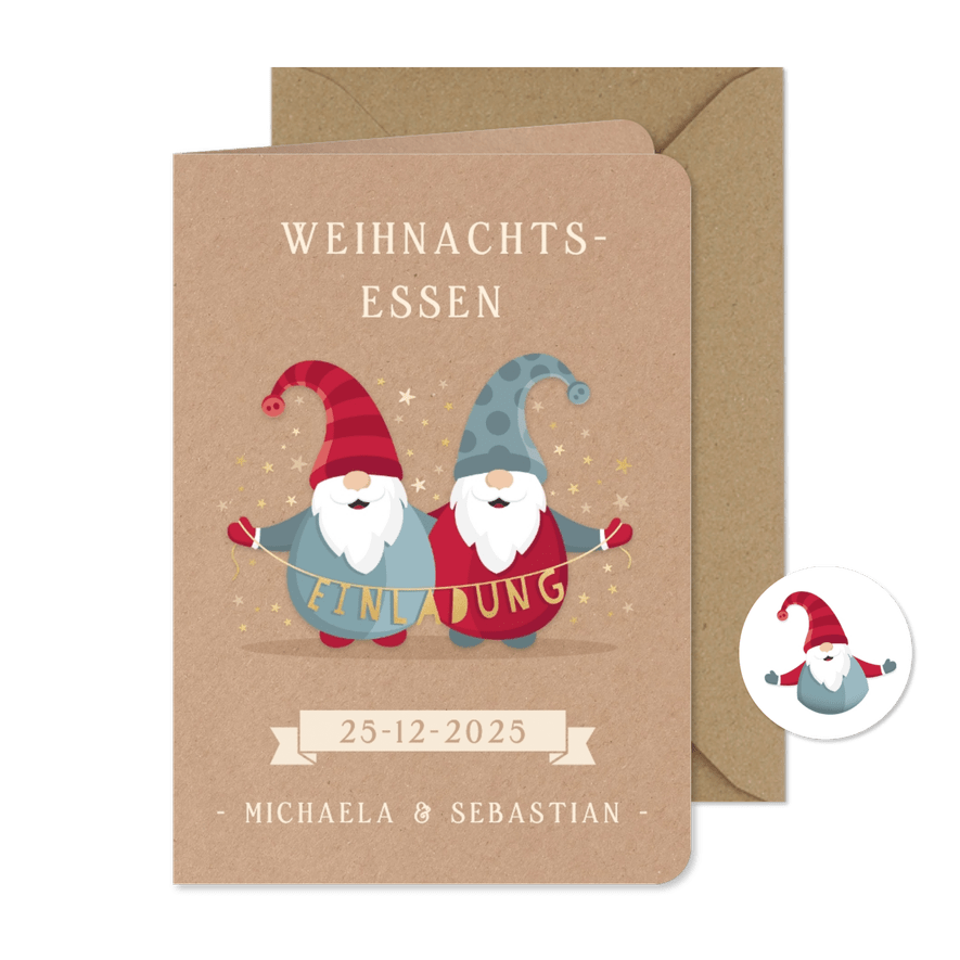 Einladung zum Weihnachtsessen lustige Wichtel - Karteneindruck