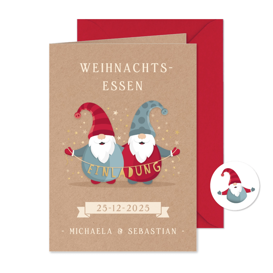 Einladung zum Weihnachtsessen lustige Wichtel - Karteneindruck